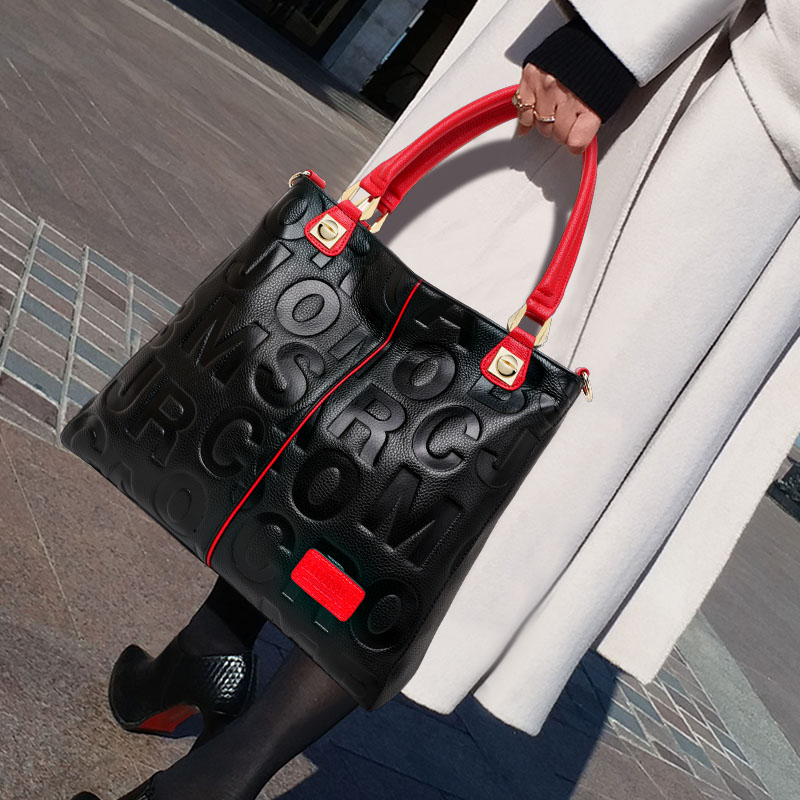 Leather Work Bag Women - Genuine Cowhide Embossed Letter Tote Bag