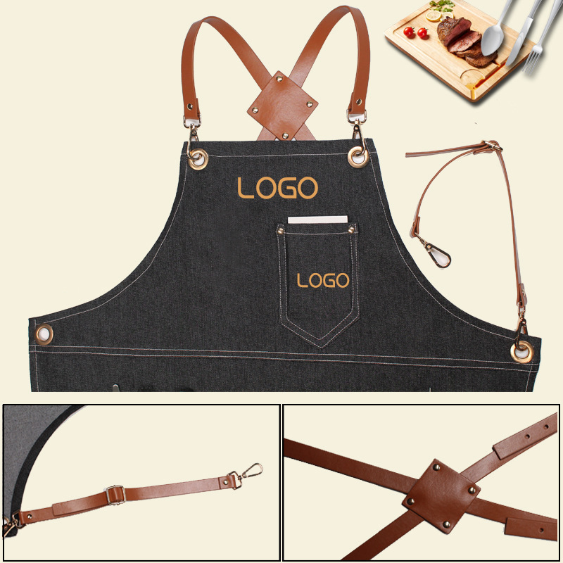 Floral PU Leather Straps Denim - Leatherwork Apron ulasan dan harga